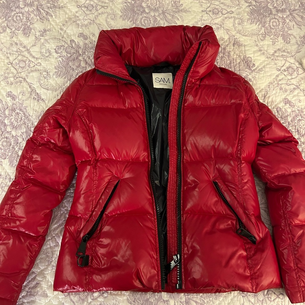 SAM. Red Puffer Jacket with High Collar and Quilted Design